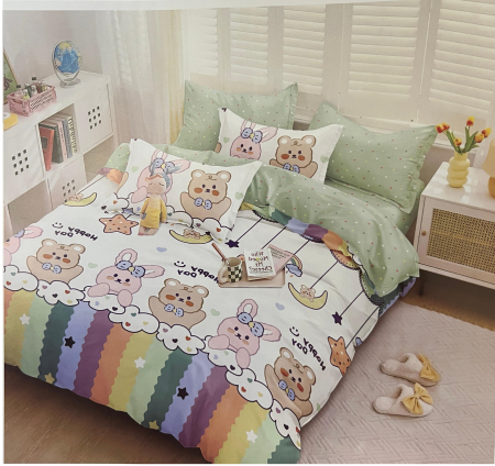 Lenjerie de pat 4 piese CELhome, bumbac satinat, model animat cu ursuleti multicolor– Cearceaf pat cu elastic 180 x 200 cm, Cearceaf pilota 200 x 230 cm, 2 Fete de perna 55 x 75 cm [2]
