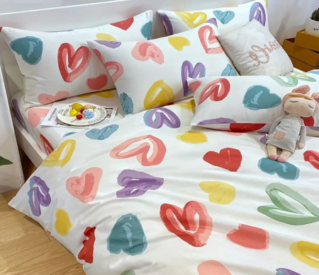 Lenjerie de pat 4 piese CELhome, bumbac satinat, model inimioare colorate – Cearceaf pat cu elastic 180 x 200 cm, Cearceaf pilota 200 x 230 cm, 2 Fete de perna 55 x 75 cm [3]