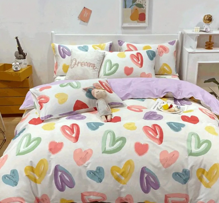 Lenjerie de pat 4 piese CELhome, bumbac satinat, model inimioare colorate – Cearceaf pat cu elastic 180 x 200 cm, Cearceaf pilota 200 x 230 cm, 2 Fete de perna 55 x 75 cm [2]
