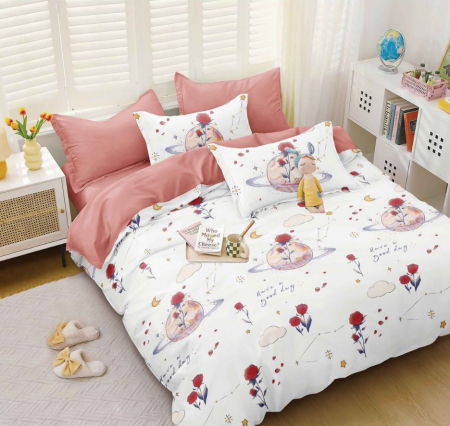Lenjerie de pat - 4 piese - Lenjerie de pat 4 piese CELhome, bumbac satinat, model Univers Floral – Cearceaf pat cu elastic 180 x 200 cm, Cearceaf pilota 200 x 230 cm, 2 Fete de perna 55 x 75 cm