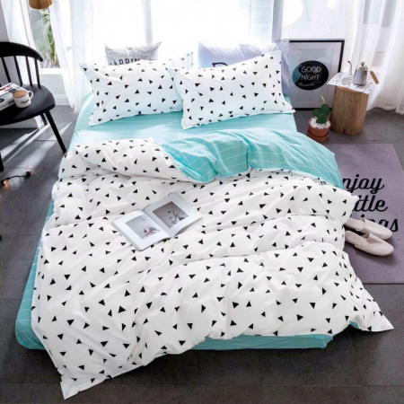 Lenjerie de pat - 4 piese - Lenjerie de pat 4 piese cu doua fete – CELhome – Cearceaf pilota 200 x 230 cm, Cearceaf de pat fara elastic 230 x 250 cm, 2 Fete de perna 55 x 75 cm, Model Geometric, Bleu-Alb