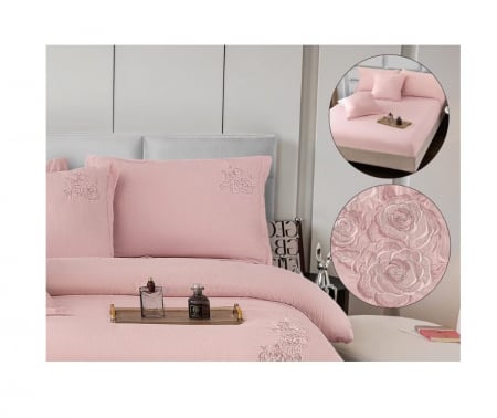 Lenjerie de pat 6 piese CELhome – model matrimonial cu Broderie, Cearceaf de pat cu elastic 180 x 200cm, Cearceaf pilota 200x230 cm, ambalaj premium, pentru 2 persoane, Roz [6]