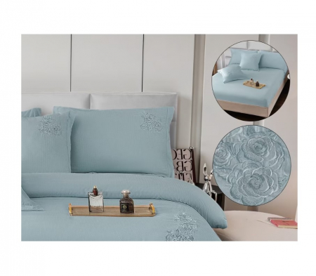 Lenjerie de pat 6 piese CELhome – model matrimonial cu Broderie, Cearceaf de pat cu elastic 180 x 200cm, Cearceaf pilota 200x230 cm, ambalaj premium, pentru 2 persoane, Albastru [7]