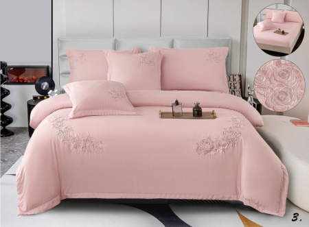 Lenjerie de pat 6 piese CELhome – model matrimonial cu Broderie, Cearceaf de pat cu elastic 180 x 200cm, Cearceaf pilota 200x230 cm, ambalaj premium, pentru 2 persoane, Roz [2]