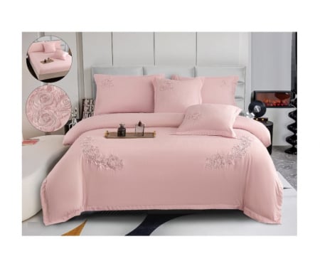 Lenjerie de pat 6 piese CELhome – model matrimonial cu Broderie, Cearceaf de pat cu elastic 180 x 200cm, Cearceaf pilota 200x230 cm, ambalaj premium, pentru 2 persoane, Roz [1]