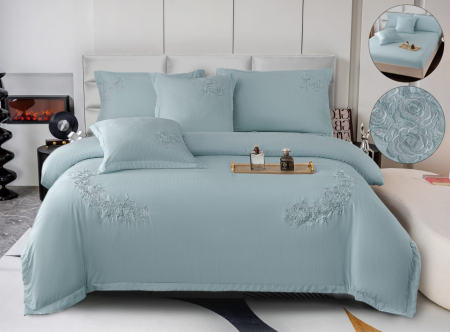 Lenjerie de pat 6 piese CELhome – model matrimonial cu Broderie, Cearceaf de pat cu elastic 180 x 200cm, Cearceaf pilota 200x230 cm, ambalaj premium, pentru 2 persoane, Albastru [3]