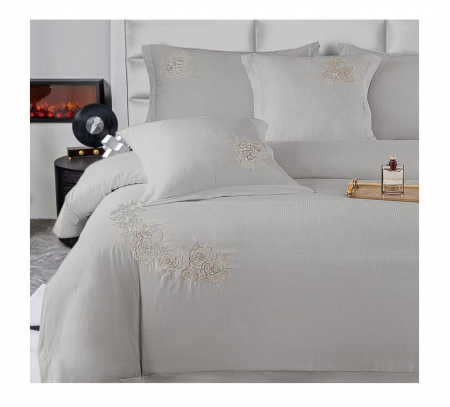 Lenjerie de pat 6 piese CELhome – model matrimonial cu Broderie, Cearceaf de pat cu elastic 180 x 200cm, Cearceaf pilota 200x230 cm, ambalaj premium, pentru 2 persoane, Gri [5]