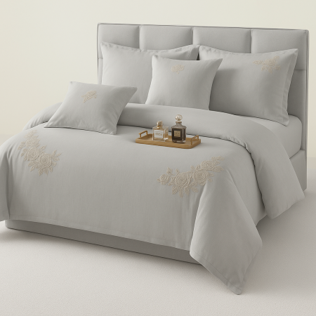 Lenjerie de pat - 6 piese - Lenjerie de pat 6 piese CELhome – model matrimonial cu Broderie, Cearceaf de pat cu elastic 180 x 200cm, Cearceaf pilota 200x230 cm, ambalaj premium, pentru 2 persoane, Gri