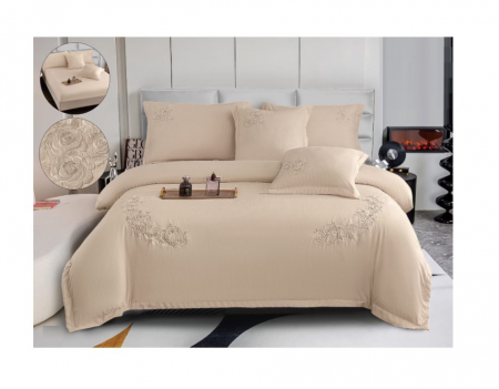 Lenjerie de pat 6 piese CELhome – model matrimonial cu Broderie, Cearceaf de pat cu elastic 180 x 200cm, Cearceaf pilota 200x230 cm, ambalaj premium, pentru 2 persoane, Crem [1]