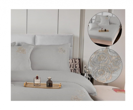 Lenjerie de pat 6 piese CELhome – model matrimonial cu Broderie, Cearceaf de pat cu elastic 180 x 200cm, Cearceaf pilota 200x230 cm, ambalaj premium, pentru 2 persoane, Gri [6]