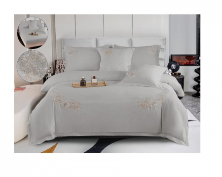 Lenjerie de pat 6 piese CELhome – model matrimonial cu Broderie, Cearceaf de pat cu elastic 180 x 200cm, Cearceaf pilota 200x230 cm, ambalaj premium, pentru 2 persoane, Gri [2]