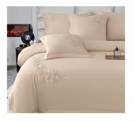 Lenjerie de pat 6 piese CELhome – model matrimonial cu Broderie, Cearceaf de pat cu elastic 180 x 200cm, Cearceaf pilota 200x230 cm, ambalaj premium, pentru 2 persoane, Crem [4]