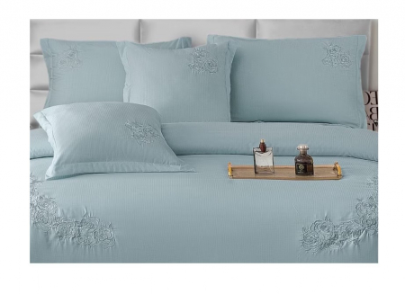 Lenjerie de pat 6 piese CELhome – model matrimonial cu Broderie, Cearceaf de pat cu elastic 180 x 200cm, Cearceaf pilota 200x230 cm, ambalaj premium, pentru 2 persoane, Albastru [4]