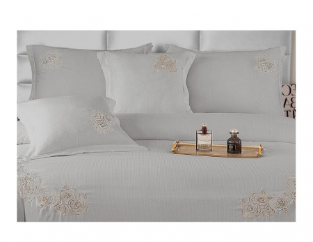 Lenjerie de pat 6 piese CELhome – model matrimonial cu Broderie, Cearceaf de pat cu elastic 180 x 200cm, Cearceaf pilota 200x230 cm, ambalaj premium, pentru 2 persoane, Gri [3]