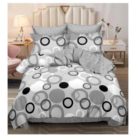 Lenjerie de pat - 6 piese - Lenjerie de pat 6 piese cu doua fete – CELhome – Cearceaf pilota 200 x 230 cm, Cearceaf de pat cu elastic 180 x 200 cm, 2 Fete de perna 70 x 70 cm, 2 Fete de perna 55 x 75 cm, Model Cercuri, Gri