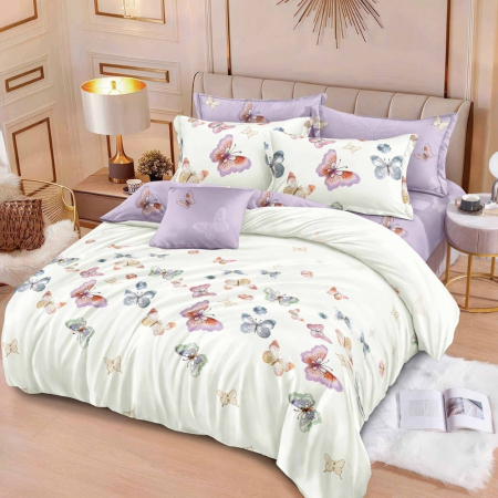 Lenjerie de pat 6 piese cu doua fete – CELhome – Cearceaf pilota 200 x 230 cm, Cearceaf de pat fara elastic 240 x 250 cm, 2 Fete de perna 70 x 70 cm, 2 Fete de perna 55 x 75 cm, Model Fluturi, Violet- [1]