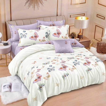 Lenjerie de pat - 6 piese - Lenjerie de pat 6 piese cu doua fete – CELhome – Cearceaf pilota 200 x 230 cm, Cearceaf de pat fara elastic 240 x 250 cm, 2 Fete de perna 70 x 70 cm, 2 Fete de perna 55 x 75 cm, Model Fluturi, Violet-