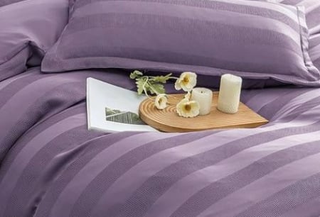 Lenjerie de pat CELhome 4 piese, dublu, model cu dungi embosat,  Cearceaf de pat cu elastic 180 x 200 cm, Cearceaf pilota 200 x 230 cm, 2 Fete de perna 50 x 70 cm, Mov [2]