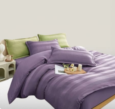 Lenjerie de pat CELhome 4 piese, dublu, model cu dungi embosat,  Cearceaf de pat cu elastic 180 x 200 cm, Cearceaf pilota 200 x 230 cm, 2 Fete de perna 50 x 70 cm, Mov [1]