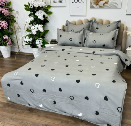 Lenjerie de pat doua fete, 6 piese, CELhome, Cearceaf pat 180 x 200 cm, Cearceaf pilota 200 x 230 cm, 2 Fete de perna 70 x 70 cm, 2 Fete de perna 55 x 75 cm, Gri, Model Inimi [3]