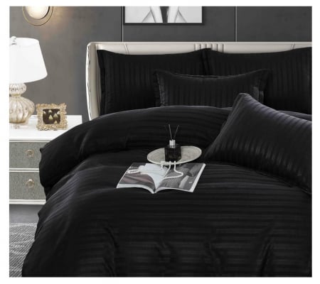 Lenjerie de pat Matrimonial Tip Damasc, 6 piese, Cearceaf de pat cu elastic 180 x 200 cm, Cearceaf pilota cu fermoar 200 x 230 cm, 4 fete de perna,  Negru [3]