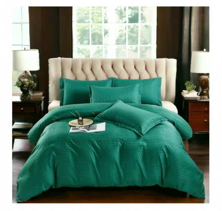 Lenjerie de pat Matrimonial Tip Damasc, 6 piese, Cearceaf de pat cu elastic 180 x 200 cm, Cearceaf pilota cu fermoar 200 x 230 cm, 4 fete de perna,  Verde [2]