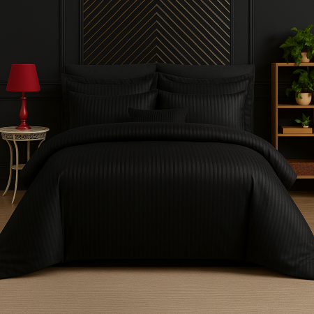 Lenjerie de pat tip Damasc - 6 piese - Lenjerie de pat Matrimonial Tip Damasc, 6 piese, Cearceaf de pat cu elastic 180 x 200 cm, Cearceaf pilota cu fermoar 200 x 230 cm, 4 fete de perna,  Negru