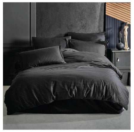 Lenjerie de pat Matrimonial Tip Damasc, 6 piese, Cearceaf de pat cu elastic 180 x 200 cm, Cearceaf pilota cu fermoar 200 x 230 cm, 4 fete de perna,  Negru [2]