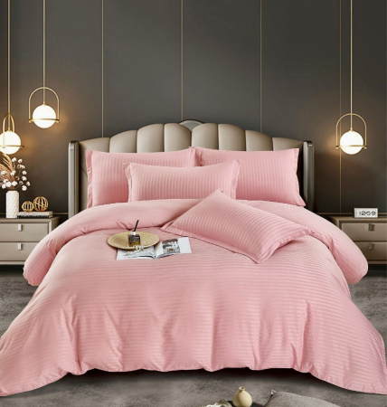 Lenjerie de pat Matrimonial Tip Damasc, 6 piese, Cearceaf de pat cu elastic 180 x 200 cm, Cearceaf pilota cu fermoar 200 x 230 cm, 4 fete de perna,  Roz [2]