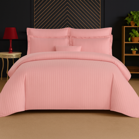 Lenjerie de pat tip Damasc - 6 piese - Lenjerie de pat Matrimonial Tip Damasc, 6 piese, Cearceaf de pat cu elastic 180 x 200 cm, Cearceaf pilota cu fermoar 200 x 230 cm, 4 fete de perna,  Roz
