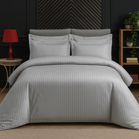 Lenjerie de pat tip Damasc - 6 piese - Lenjerie de pat Matrimonial Tip Damasc, 6 piese, Cearceaf de pat cu elastic 180 x 200 cm, Cearceaf pilota cu fermoar 200 x 230 cm, 4 fete de perna, Gri