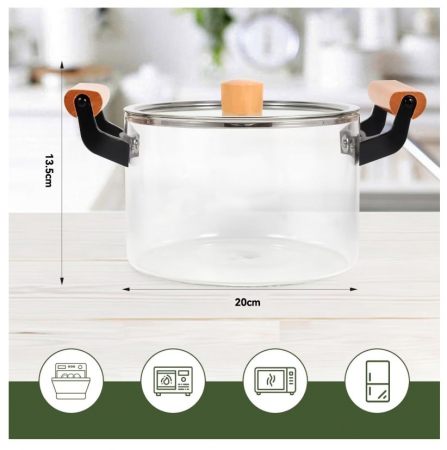 Oala din sticla termorezistenta cu capac si manere din lemn, 4.5L [6]