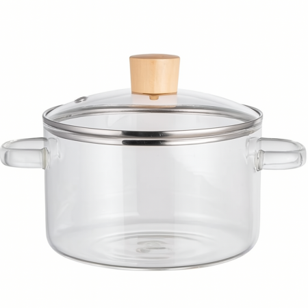 Produse pentru bucatarie - Oala din sticla termorezistenta cu capac si manere din lemn, 4.5L