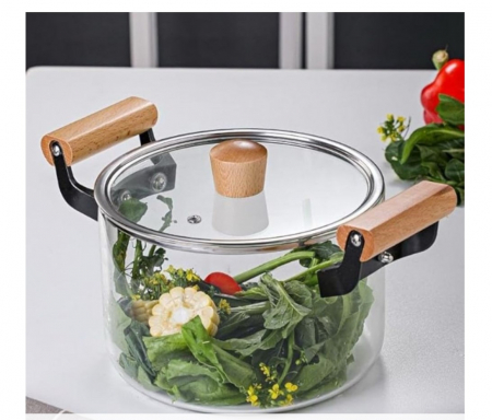 Oala din sticla termorezistenta cu capac si manere din lemn, 4.5L [3]
