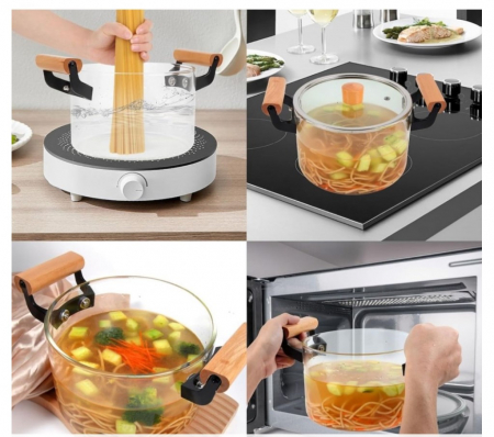 Oala din sticla termorezistenta cu capac si manere din lemn, 4.5L [1]