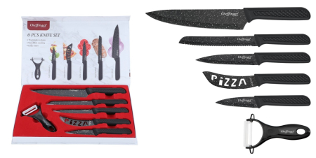 Selecție de Produse Sub 100 RON - Set 5 Cutite Bucatarie cu Acoperire Ceramica si Strat Marble Non Stick + Curatator Ceramic, Lame Inox, pentru Taiere Precisa Carne Legume Fructe