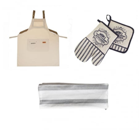 Produse pentru bucatarie - Set Bucatarie CELhome 4 Piese – Manusa, Servet, Sort si Prosop – Practic si Elegant, Crem