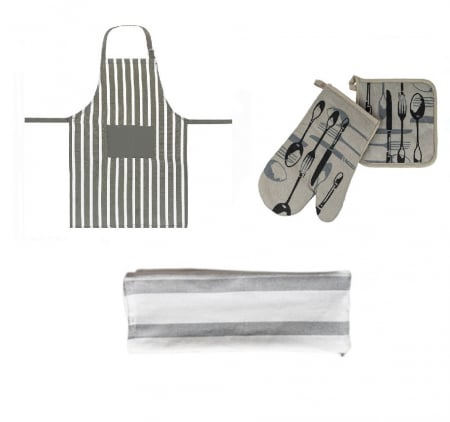 Produse pentru bucatarie - Set Bucatarie CELhome 4 Piese – Sort, Manusa, Servet si Prosop – Practic si Elegant, Gri