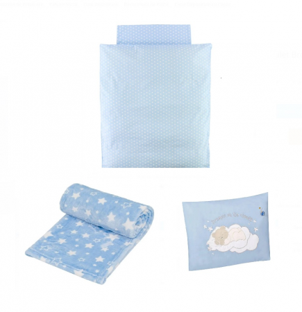Articole pentru copii - Set CELhome pentru Bebe – Lenjerie, Patura si Perna, Albastru cu Stele