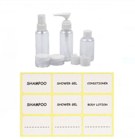 Diverse - Set CELhome - Sticle pentru Calatorie Transparente cu Husa - 5 Bucati + Etichete Autoadezive