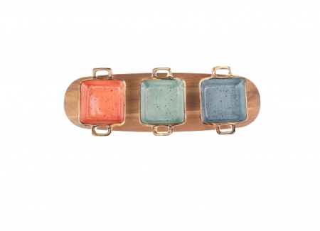 Set Sosiera Ceramica cu Suport de Lemn, 4 Piese, 110 ml. si 3 Lingurite [1]