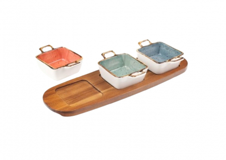 Set Sosiera Ceramica cu Suport de Lemn, 4 Piese, 110 ml. si 3 Lingurite [3]