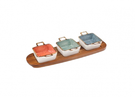 Produse pentru bucatarie - Set Sosiera Ceramica cu Suport de Lemn, 4 Piese, 110 ml. si 3 Lingurite