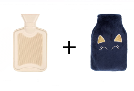 Categorii de produse - Set sticla pentru apa calda 1L alba + husa blana artificiala albastra pisica cu glitter auriu