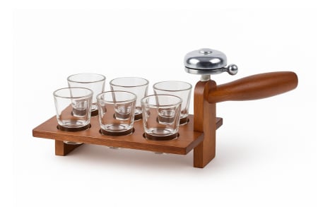 Diverse - Set suport lemn cu 6 pahare si sonerie, 30x14 cm – accesorii bar, degustari, petreceri
