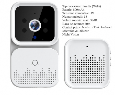 Sonerie Wireless Video, Conectivitate Android/iOS, Audio Bidirectional, Distanta 30 Metri, WiFi 2.4Mghz, Alba [1]