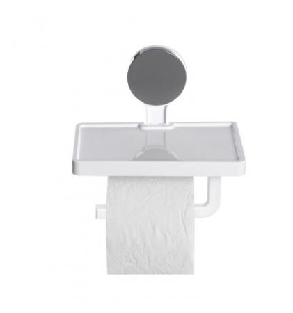 Produse pentru baie - Suport hârtie igienică cu raft depozitare – Prindere cu ventuză, 30x10x10 cm, Alb