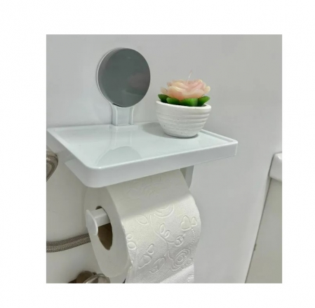 Suport hârtie igienică cu raft depozitare – Prindere cu ventuză, 30x10x10 cm, Alb [4]