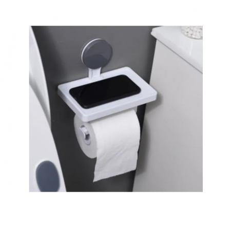 Suport hârtie igienică cu raft depozitare – Prindere cu ventuză, 30x10x10 cm, Alb [2]