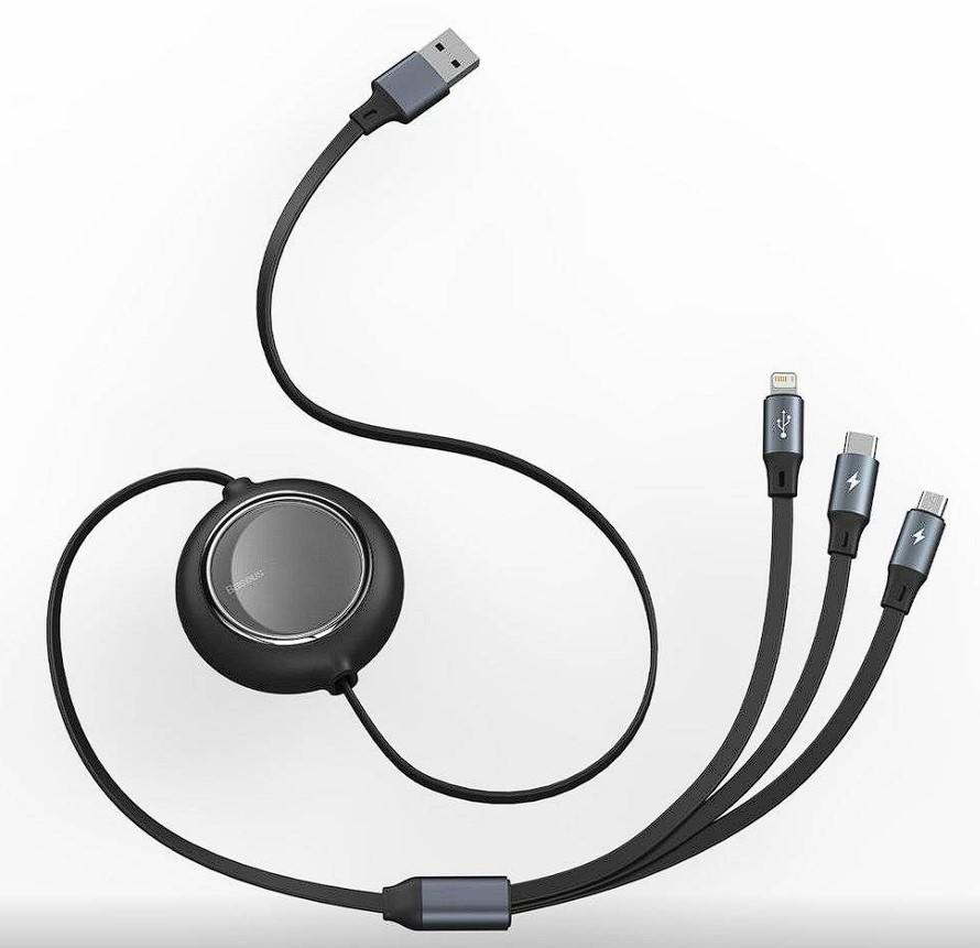 CABLU alimentare si date Baseus Bright Mirror 2 One-for-three Retractable, pt. smartphone, USB la Micro-USB + Lightning Iphone + USB Type-C 3.5A, 1.1m, negru [1]